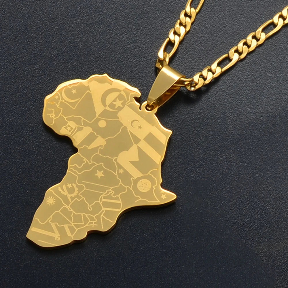 Collier Carte d’Afrique Couleur Or/Argent – Pendentif Drapeau Unisexe