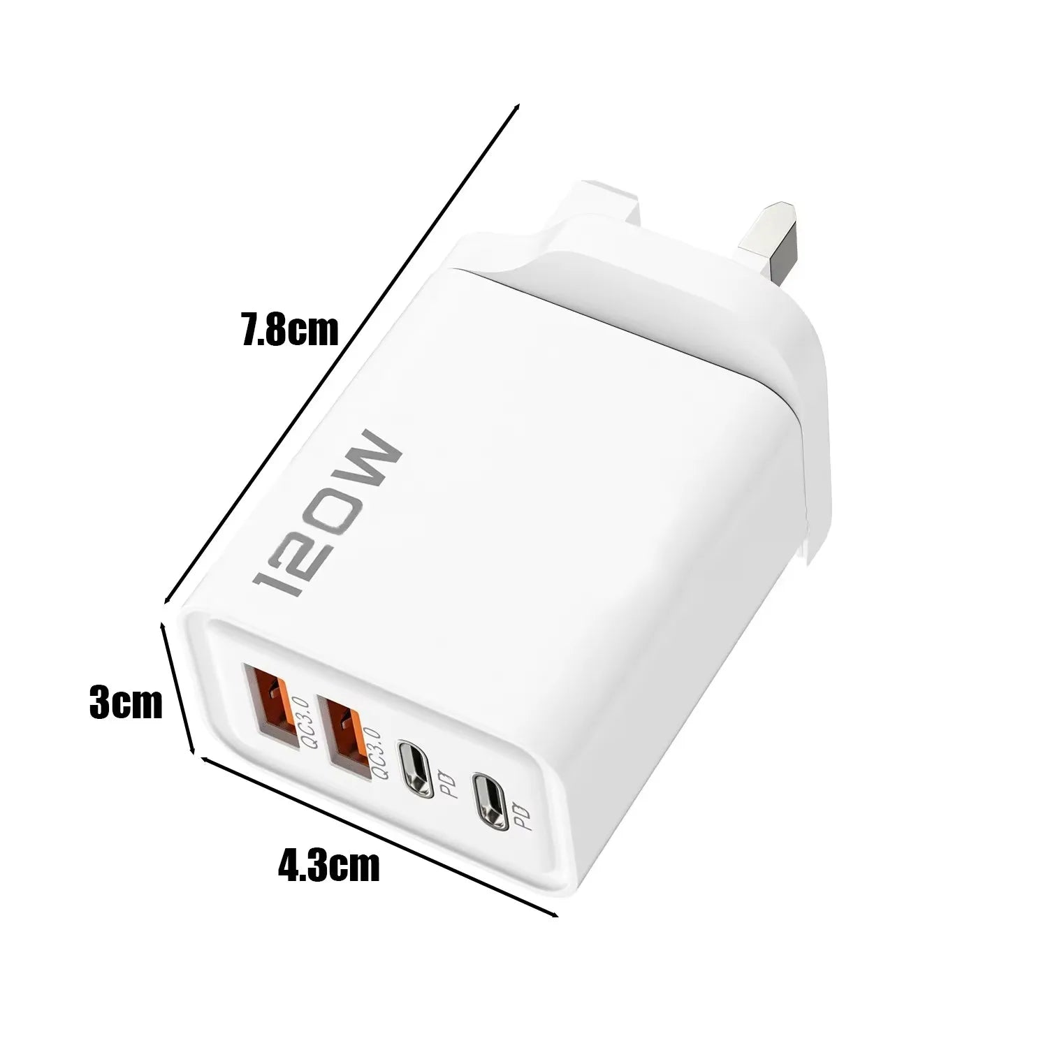 Chargeur Rapide 120W – Adaptateur Mural avec 4 Ports USB & Type-C, Câble Inclus, Compatible iPhone, Samsung, Xiaomi & Huawei