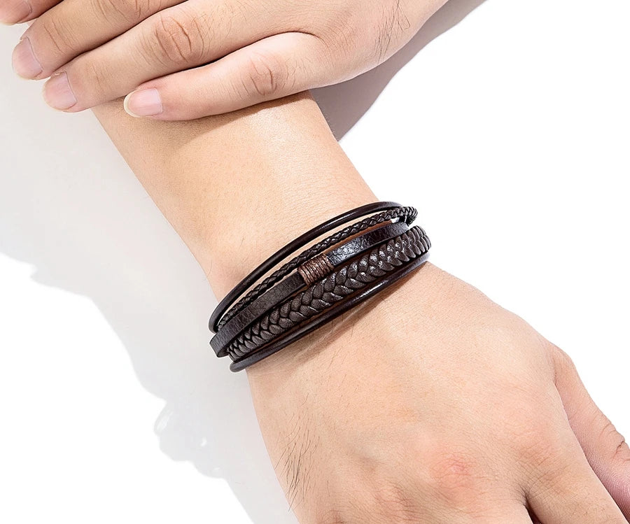 Bracelet Homme XQNI – Cuir Tressé à la Main & Acier Inoxydable, Fermoir Magnétique