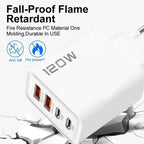 Chargeur Rapide 120W – Adaptateur Mural avec 4 Ports USB & Type-C, Câble Inclus, Compatible iPhone, Samsung, Xiaomi & Huawei