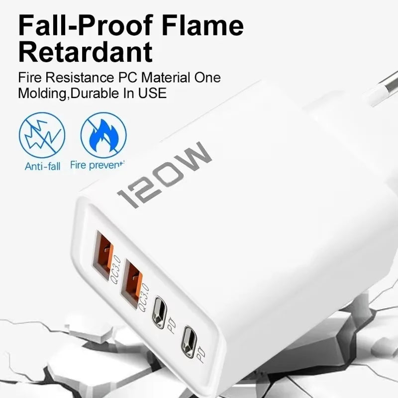Chargeur Rapide 120W – Adaptateur Mural avec 4 Ports USB & Type-C, Câble Inclus, Compatible iPhone, Samsung, Xiaomi & Huawei