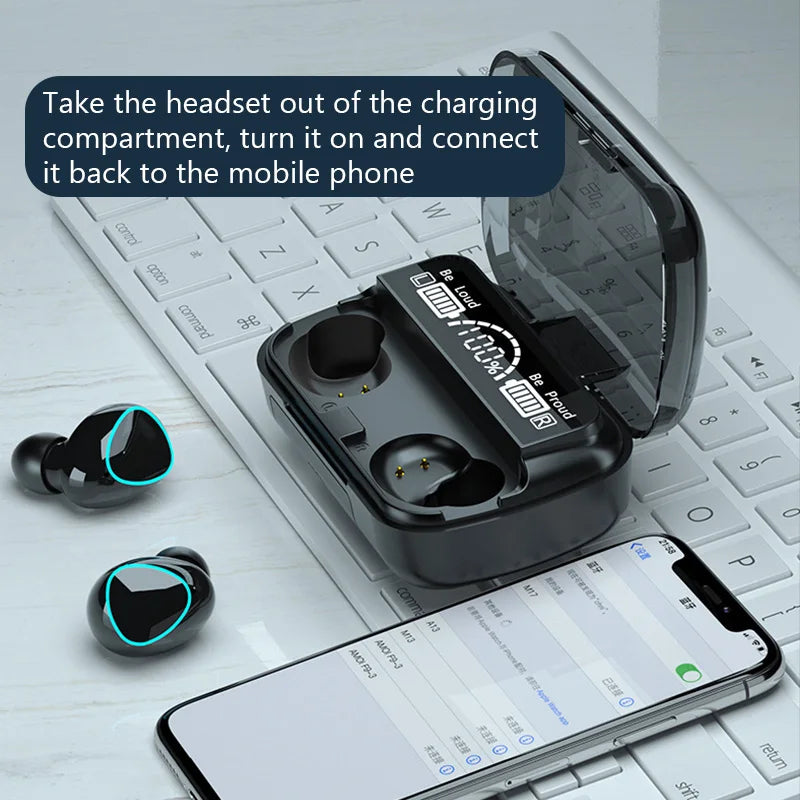 Écouteurs Bluetooth avec Boîte de Charge 2500mAh – Casque Sans Fil Étanche Sport, Stéréo 9D, avec Microphone Intégré