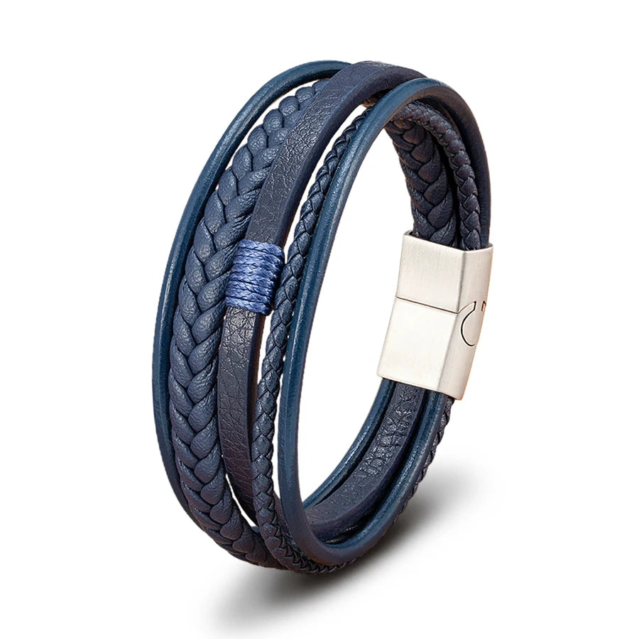Bracelet Homme XQNI – Cuir Tressé à la Main & Acier Inoxydable, Fermoir Magnétique