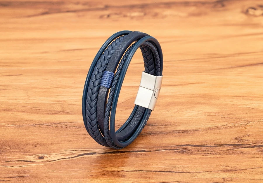 Bracelet Homme XQNI – Cuir Tressé à la Main & Acier Inoxydable, Fermoir Magnétique