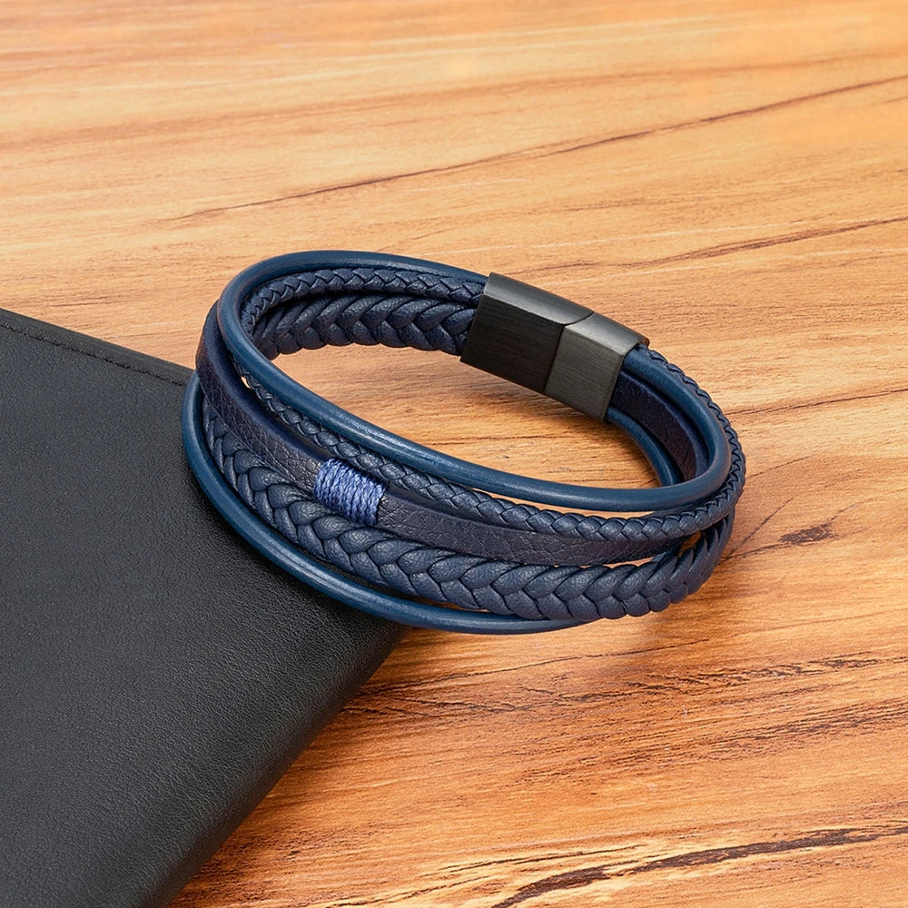 Bracelet Homme XQNI – Cuir Tressé à la Main & Acier Inoxydable, Fermoir Magnétique