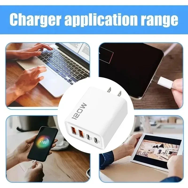 Chargeur Rapide 120W – Adaptateur Mural avec 4 Ports USB & Type-C, Câble Inclus, Compatible iPhone, Samsung, Xiaomi & Huawei