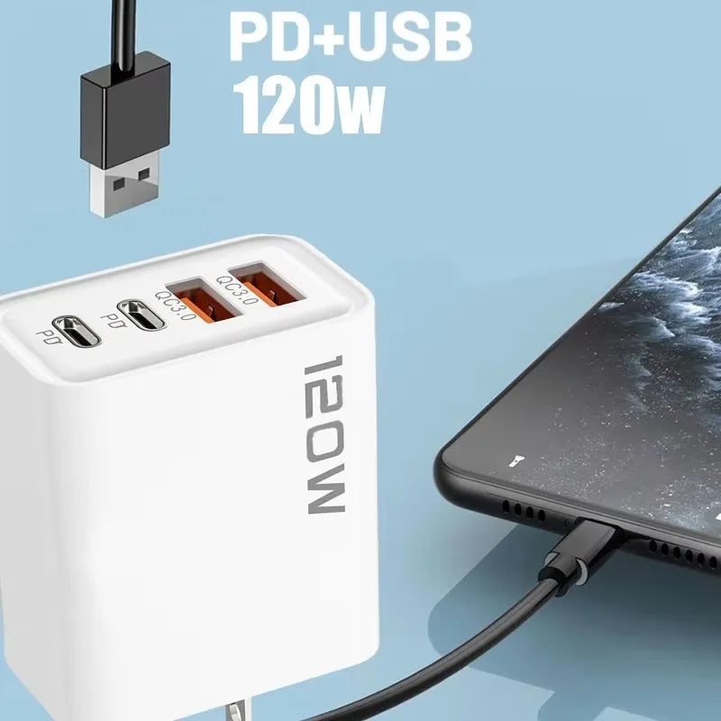 Chargeur Rapide 120W – Adaptateur Mural avec 4 Ports USB & Type-C, Câble Inclus, Compatible iPhone, Samsung, Xiaomi & Huawei