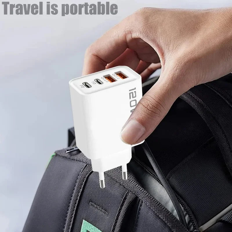 Chargeur Rapide 120W – Adaptateur Mural avec 4 Ports USB & Type-C, Câble Inclus, Compatible iPhone, Samsung, Xiaomi & Huawei