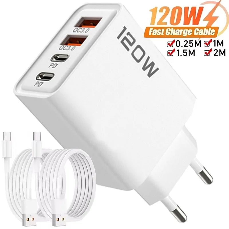Chargeur Rapide 120W – Adaptateur Mural avec 4 Ports USB & Type-C, Câble Inclus, Compatible iPhone, Samsung, Xiaomi & Huawei