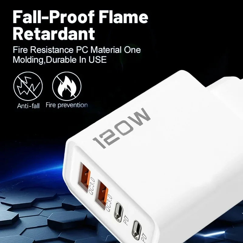 Chargeur Rapide 120W – Adaptateur Mural avec 4 Ports USB & Type-C, Câble Inclus, Compatible iPhone, Samsung, Xiaomi & Huawei