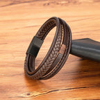 Bracelet Homme XQNI – Cuir Tressé à la Main & Acier Inoxydable, Fermoir Magnétique