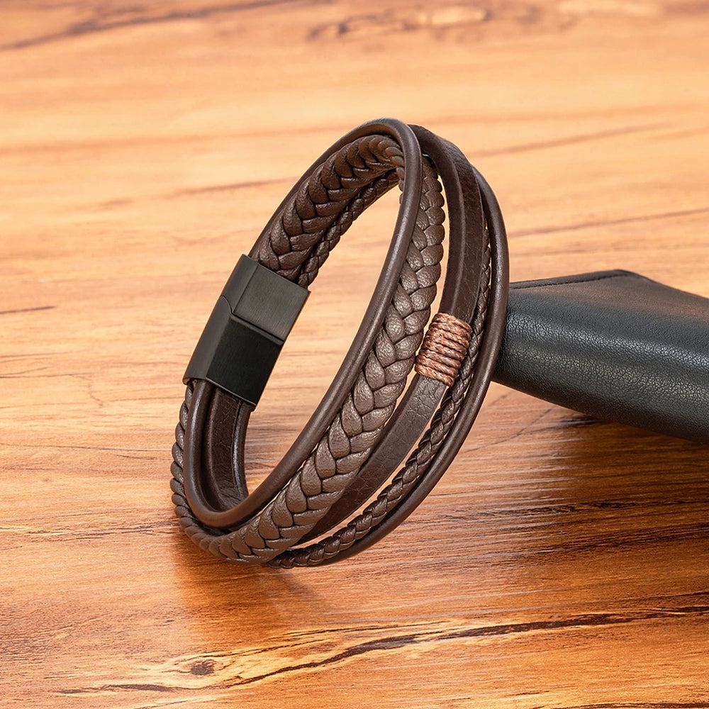Bracelet Homme XQNI – Cuir Tressé à la Main & Acier Inoxydable, Fermoir Magnétique