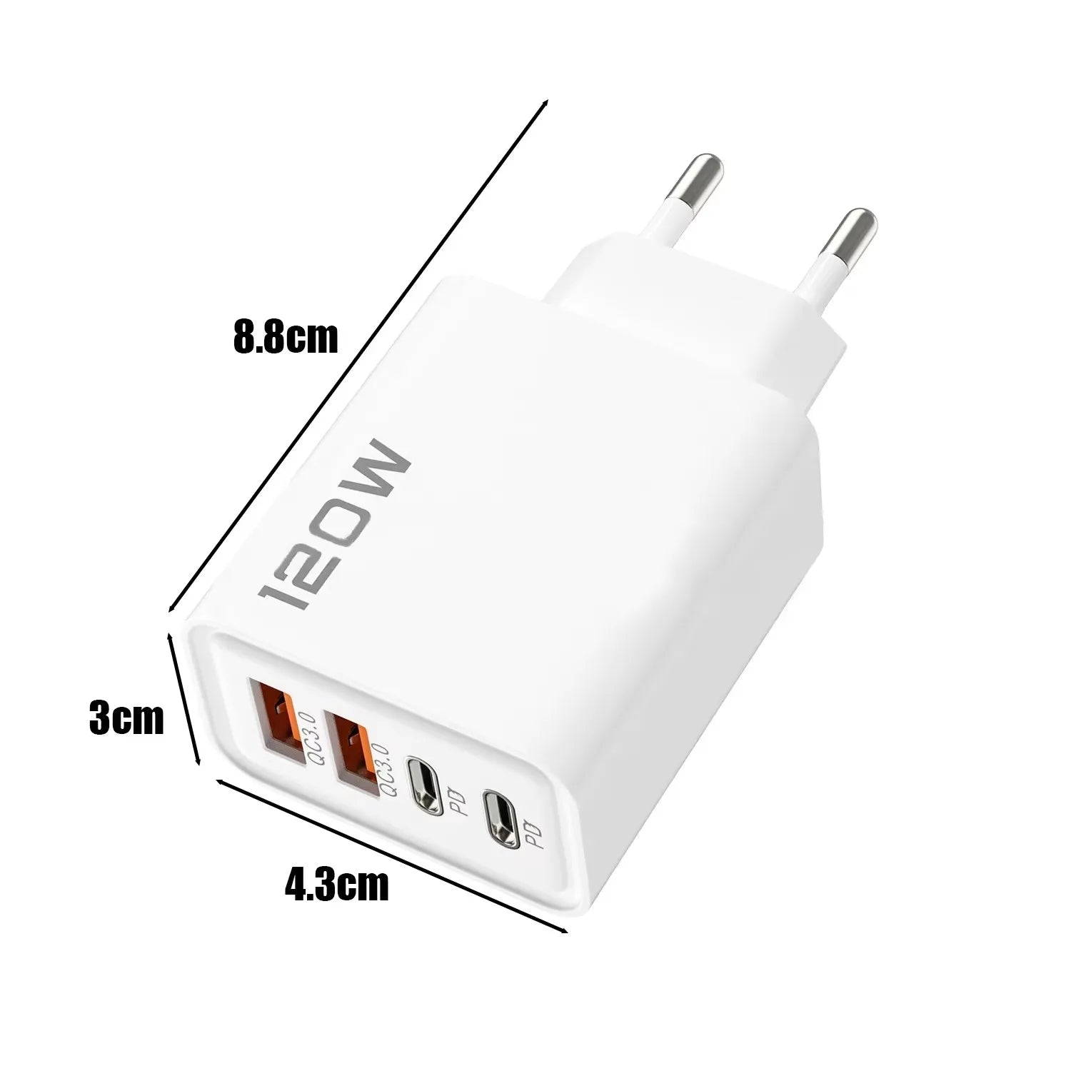 Chargeur Rapide 120W – Adaptateur Mural avec 4 Ports USB & Type-C, Câble Inclus, Compatible iPhone, Samsung, Xiaomi & Huawei