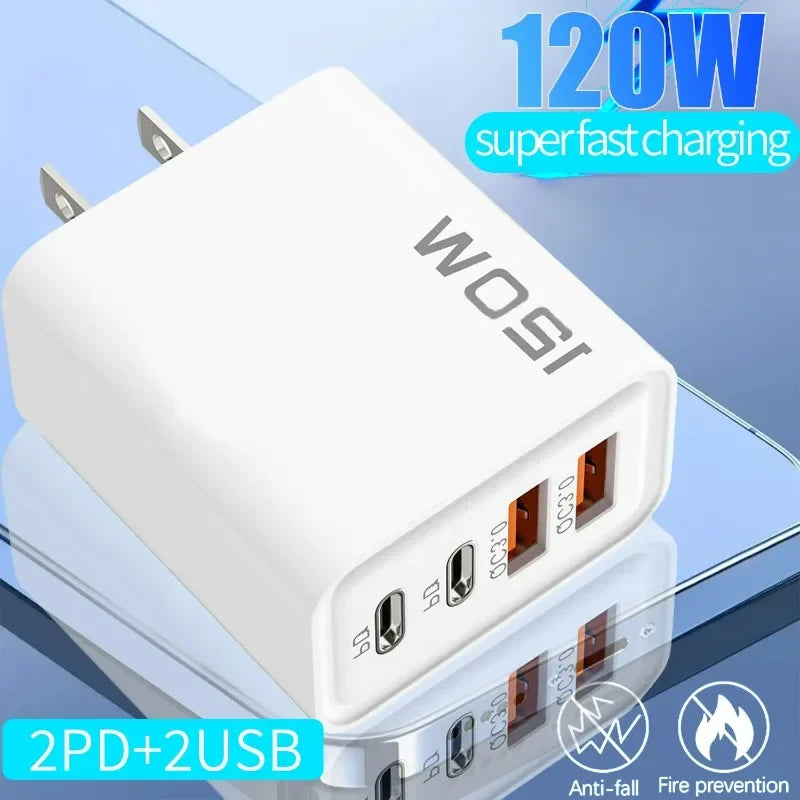 Chargeur Rapide 120W – Adaptateur Mural avec 4 Ports USB & Type-C, Câble Inclus, Compatible iPhone, Samsung, Xiaomi & Huawei